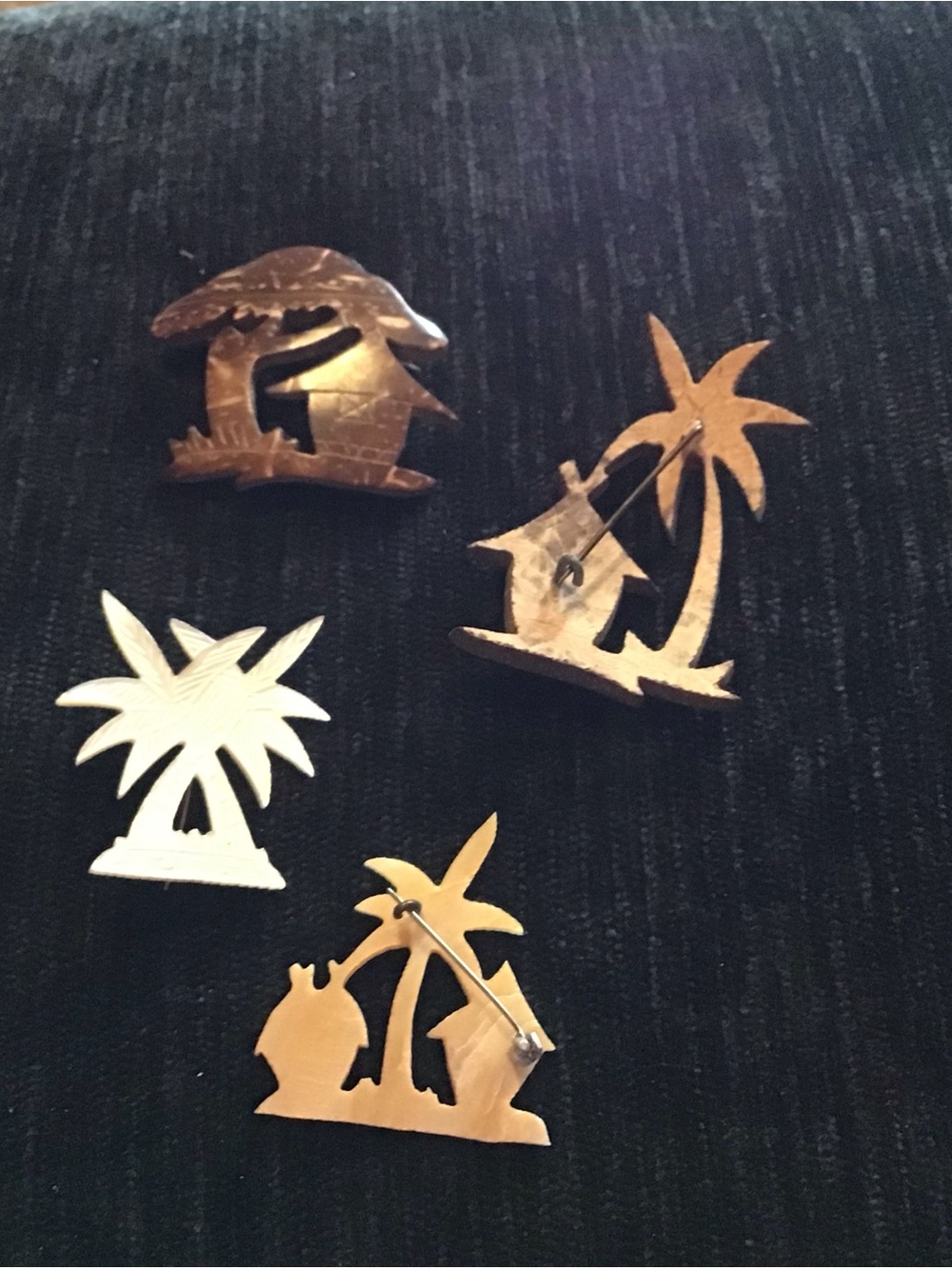 Handcrafted Palm Tree & Hut Decorative Pins - made from coconut. Vintage